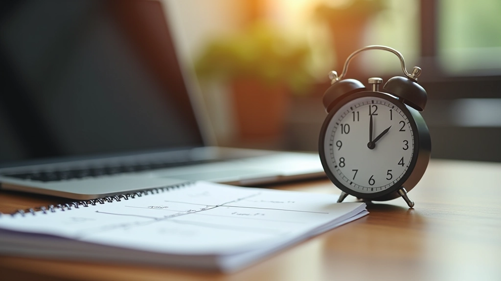 Cronometru analog pe birou lângă laptop și bloc de note cu sesiuni Pomodoro marcate în roșu și gri
