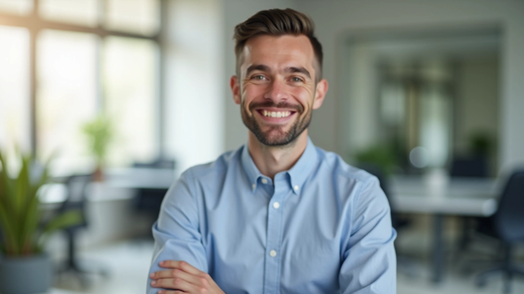 Persoană zâmbitoare la birou, relaxată, care privește un monitor cu o cană de cafea pe masă