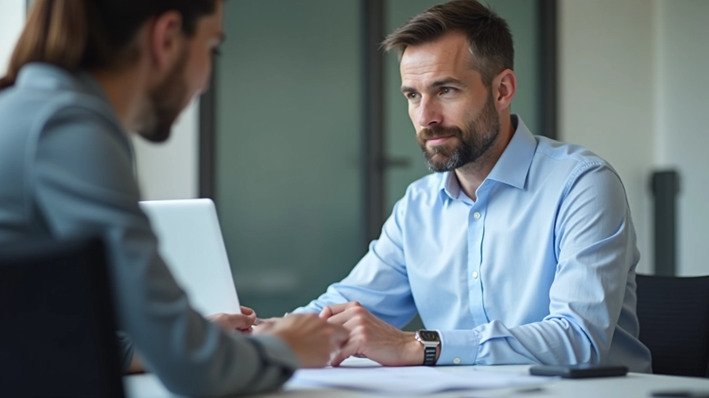 Doi profesioniști în birou care se întâlnesc, unul arătând o diagramă de progres pe laptop cu grafic ascendent