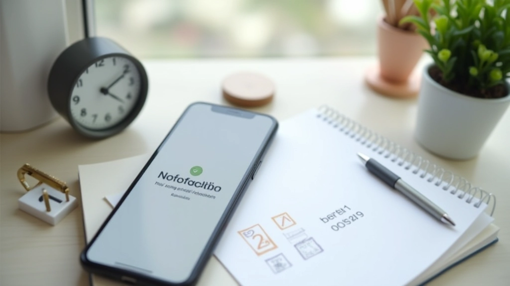 Birou cu smartphone cu notificare pe ecran, ceas pe tablă și caiet cu liste de sarcini