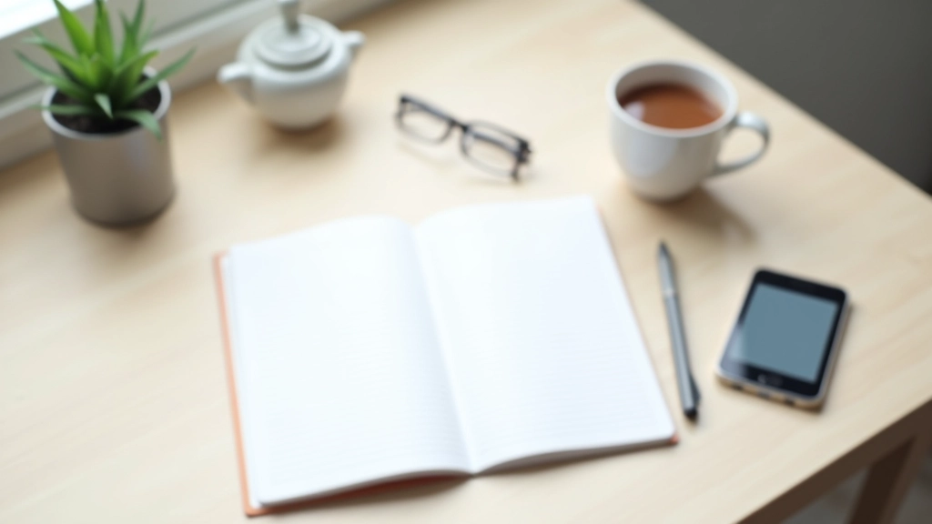 Birou modern cu jurnal de planificare deschis, cană de cafea și pix pe lemn deschis la culoare