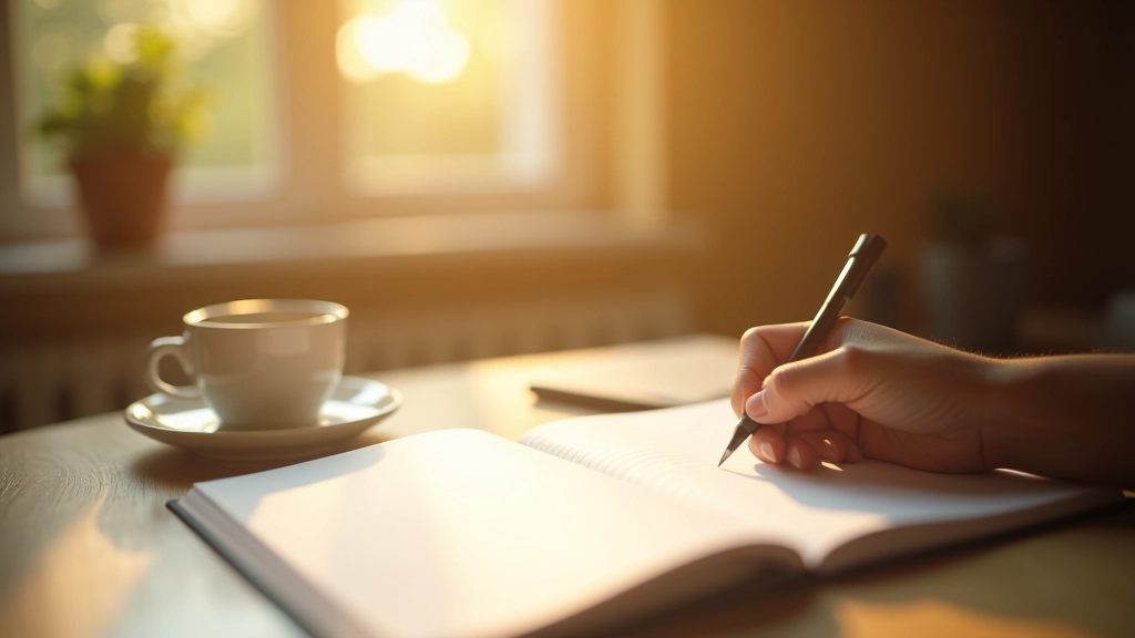 Birou curat în lumina dimineții cu cană de cafea, jurnal deschis și o mână scriind pe o pagină cu obiective zilei