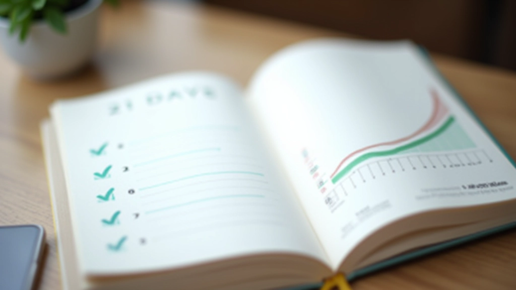 Jurnal de progres pe 21 de zile cu marcat cu verde zilele completate și grafic ascendent de productivitate