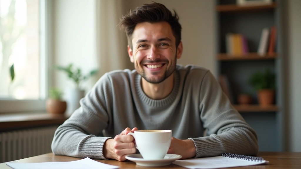 Persoană cu expresie relaxată la birou, ținând o cană de ceai, se-ntoarce de la birou cu zâmbet calm