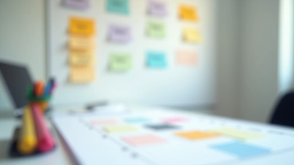 Tablă de planificare cu markere colorate, blocuri de note și calculator pe o masă de birou curată