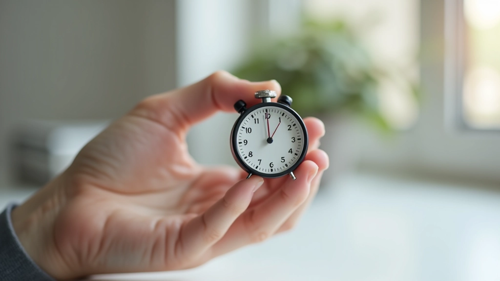 Mână care ține un cronometru portabil cu timp rămas, pe fundal birou modern cu note adhesive