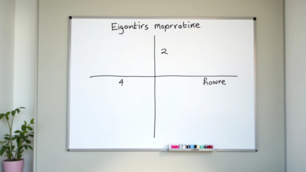 Tablă albă cu patru cadrane ale matricei Eisenhower cu exemple de sarcini