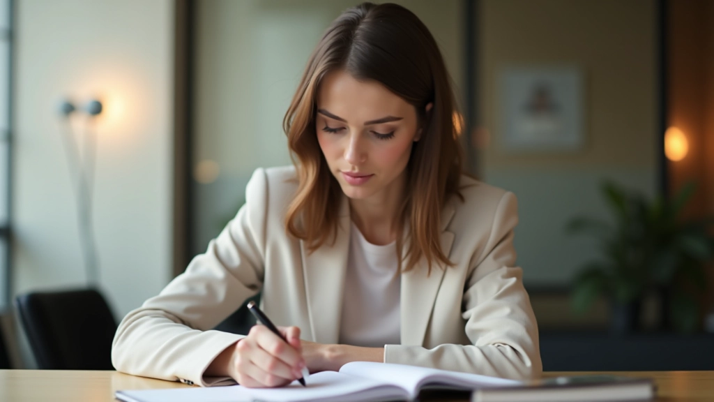 Persoană la birou care scrie într-un jurnal de planificare, concentrată pe sarcini zilei