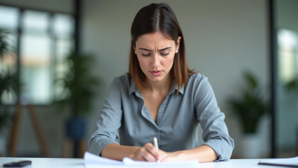 Persoană care privește cu îngrijorare spre o stivă de documente neglijate pe birou, cu ceas în fundal