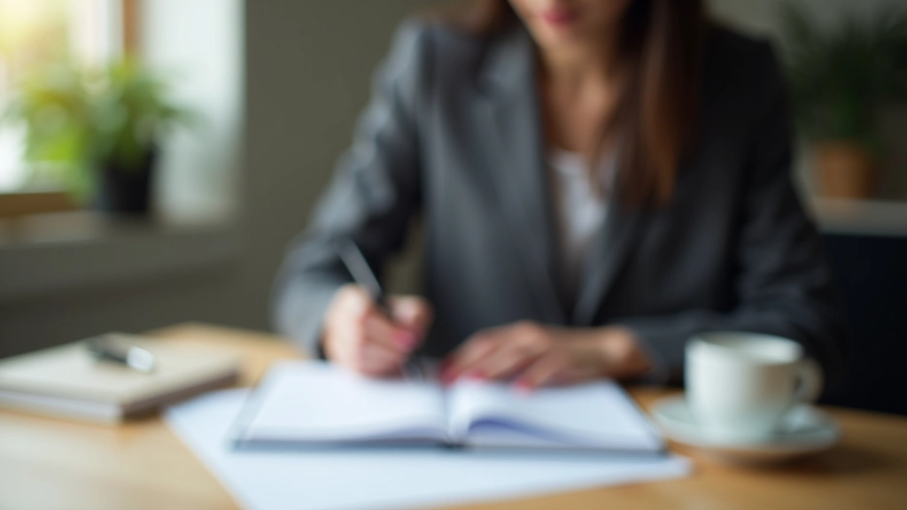 Persoană care scrie într-o agendă de lucru cu o ceașcă de cafea lângă ea pe o masă din lemn